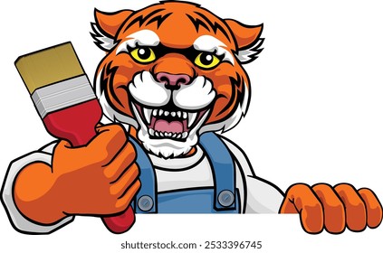 Um tigre pintor decorador desenho animado animal mascote segurando um pincel espiando em torno de um sinal 