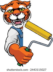 A tiger painter decorator handyman cartoon construction man mascot character holding a paint roller tool