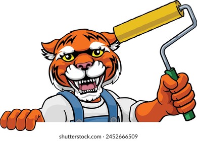 A tiger painter decorator handyman cartoon construction man mascot character holding a paint roller tool