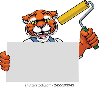 A tiger painter decorator handyman cartoon construction man mascot character holding a paint roller tool