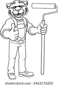 A tiger painter decorator handyman cartoon construction man mascot character holding a paint roller tool