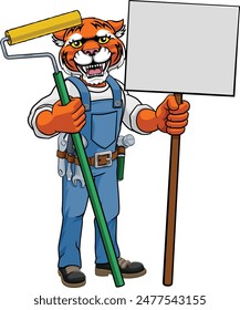 A tiger painter decorator handyman cartoon construction man mascot character holding a paint roller tool