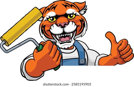 A tiger painter decorator handyman cartoon construction man mascot character holding a paint roller tool