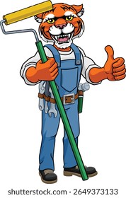 Um tigre pintor decorador handyman desenho animado homem de construção mascote personagem segurando uma ferramenta de rolo de tinta