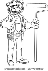 Um tigre pintor decorador handyman desenho animado homem de construção mascote personagem segurando uma ferramenta de rolo de tinta