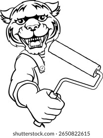 Um tigre pintor decorador handyman desenho animado homem de construção mascote personagem segurando uma ferramenta de rolo de tinta