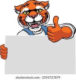 A tiger painter, handyman,  mechanic,  plumber or other construction cartoon mascot man in overall dungarees. Giving a thumbs up.