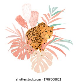 Tiger with palm leaves. Typography graphic print, fashion drawing for t-shirts. Stickers,print, patches vintage rock style.