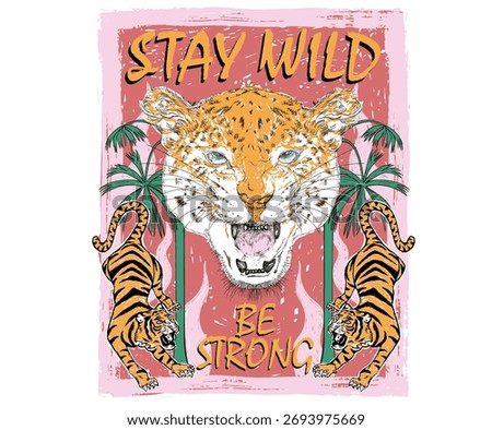 Tiger with palm tree vector design. Tiger artwork for t shirt print, poster, sticker and other uses. Furious power vector artwork.
