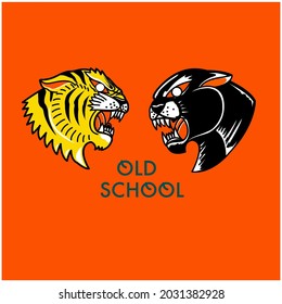 tiger and panther facing each other in old school style