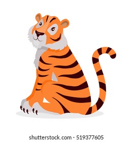 Tiger Panthera tigris cartoon isolated on white. Largest cat tiger species, most recognisable for pattern of dark vertical stripes reddish-orange fur with lighter underside. Sticker tiger for children