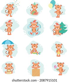 Tiger party, collection, new year 2022 tiger, cute illustration, chinese new year, flat style