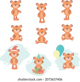 Tiger party, new year 2022 tiger, cute illustration,  chinese new year, flat style