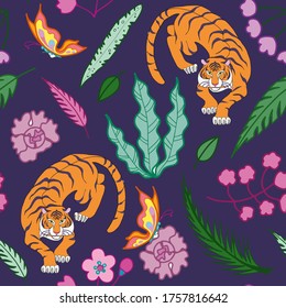 Tiger pattern flat color seamless design illustration
