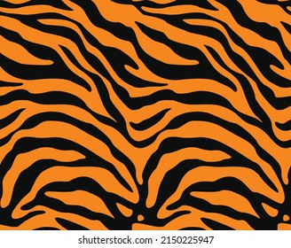 Tiger pattern seamless print, black stripes on orange background, vector texture.