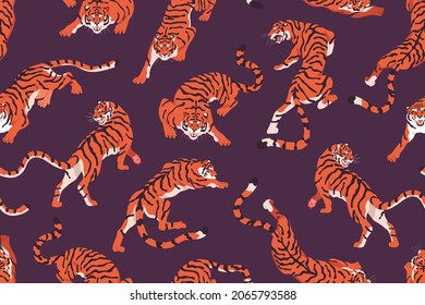 Tiger pattern. Seamless repeating background with endless print of wild feline animal in different poses. Chinese texture design for wrapping and decoration. Printable colored flat vector illustration