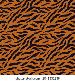 The tiger pattern is a symbol of 2022. Seamless pattern with black stripes on a brown background. Print for modern fabrics, throw pillows, wrapping paper. Vector.