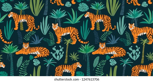 Tiger pattern with tropical leaves. Vector seamless texture.