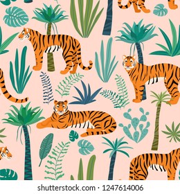 Tiger pattern with tropical leaves. Vector seamless texture.