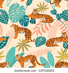 Tiger pattern with tropical leaves. Vector seamless texture.