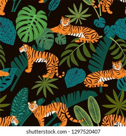 Tiger pattern with tropical leaves. Vector seamless texture.