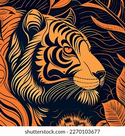 Tiger Pattern vector illustration, bold orange and black stripes on a dark background, evoking a 70s style aesthetic. eye-catching, perfect for use in a variety of design projects