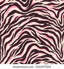 Patrón de tigre, ornamento de rayas de cebra, estampado vectorial animalista de rayas negras y rosas. Impresión de moda 2023