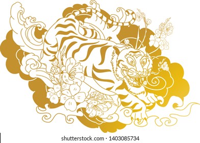Tiger with peach blossom and cloud tattoo.Japanese tattoo with water splash and black cloud.