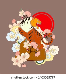 Tiger with peach blossom and cloud tattoo.Japanese tattoo with water splash and black cloud.
