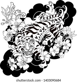 Tiger with peach blossom and cloud tattoo.Japanese tattoo with water splash and black cloud.