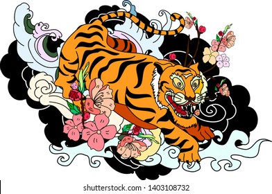 Tiger with peach blossom and cloud tattoo.Japanese tattoo with water splash and black cloud.