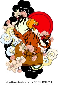 Tiger with peach blossom and cloud tattoo.Japanese tattoo with water splash and black cloud.