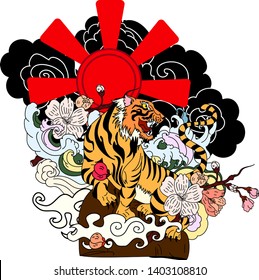 Tiger with peach blossom and cloud tattoo.Japanese tattoo with water splash and black cloud.