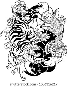 Tiger with peach blossom and cloud tattoo.Japanese tattoo with water splash and black cloud.koi fish carp and tiger illustration for T-shirt background.lotus flower on wave.