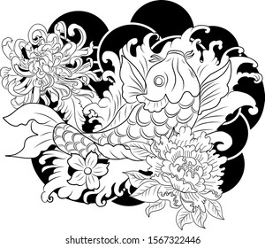 Tiger with peach blossom and cloud tattoo.Japanese tattoo with water splash and black cloud.koi fish carp and tiger illustration for T-shirt background.