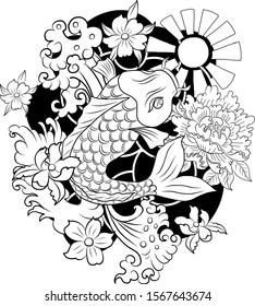 Tiger with peach blossom and cloud tattoo.Japanese tattoo with water splash and black cloud.koi fish carp and tiger illustration for T-shirt background.