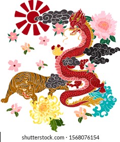 Tiger with peach blossom and cloud tattoo.Japanese tattoo with water splash and black cloud.Chinese dragon and tiger illustration for T-shirt background.Dragon fighting with tiger tattoo.