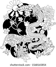 Tiger with peach blossom and cloud tattoo.Japanese tattoo with water splash and black cloud.Chinese dragon and tiger illustration for T-shirt background.Dragon fighting with tiger tattoo.