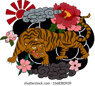 Tiger with peach blossom and cloud tattoo.Japanese tattoo with water splash and black cloud.koi fish carp and tiger illustration for T-shirt background.