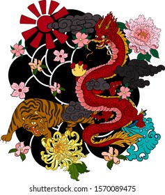 Tiger with peach blossom and cloud tattoo.Japanese tattoo with water splash and black cloud.Chinese dragon and tiger illustration for T-shirt background.Dragon fighting with tiger tattoo.