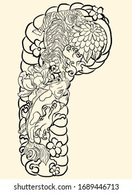 Tiger with peach blossom and cloud tattoo.Japanese tattoo with water splash and black cloud.koi fish carp and tiger illustration for T-shirt background.vector illustration of Chinese culture.