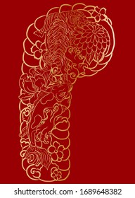 Tiger with peach blossom and cloud tattoo.Japanese tattoo with water splash and black cloud.koi fish carp and tiger illustration for T-shirt background.vector illustration of Chinese culture.Gold line