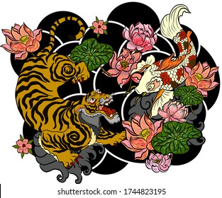 Tigre con flor de melocotón y tatuaje en la nube. Tatuaje japonés con salpicaduras de agua y nube negra. carpa de pescado koi e ilustración de tigre para fondo de camiseta.