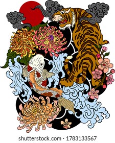 Tiger with peach blossom and cloud tattoo.Japanese tattoo with water splash and black cloud.koi fish carp and tiger illustration for T-shirt background.