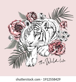 Tiger with a peony flowers, buds and exotic palm leaves. Creative poster, t-shirt composition, hand drawn style print. Vector illustration.