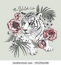 Tiger with a peony flowers, buds and exotic palm leaves. Creative poster, t-shirt composition, hand drawn style print. Vector illustration.