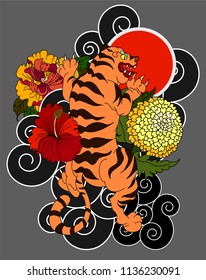 Tiger with peony and marigold flower on cloud background design for tattoo.Japanese Panther traditional tattoo idea.