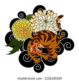 Tiger with peony and marigold flower on cloud background design for tattoo.Japanese Panther traditional tattoo idea.