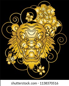 Tiger with peony and marigold flower on cloud background design for tattoo.Japanese Panther traditional tattoo idea.