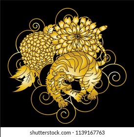 Tiger with peony and marigold flower on cloud background design for tattoo.Japanese Panther traditional tattoo idea.